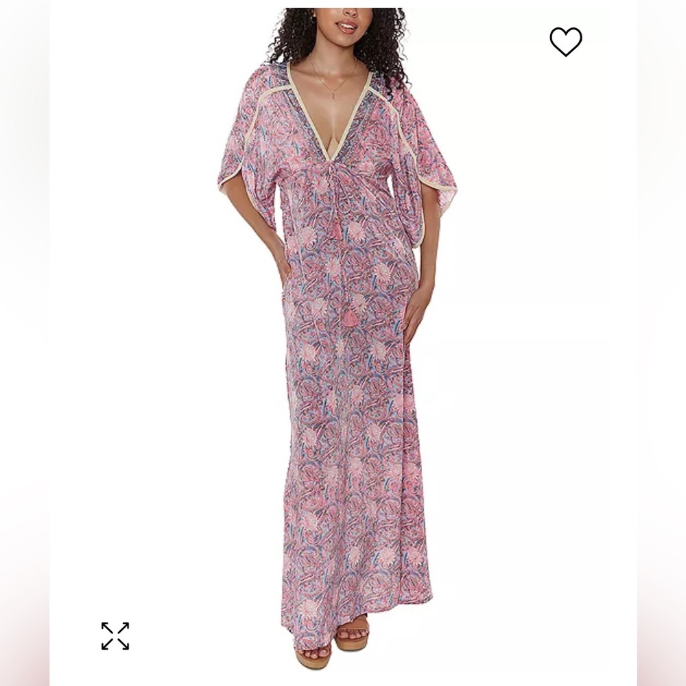 Raga Baran Pink Paisley Plunge Tassel Kimono Sleeve Maxi Dress